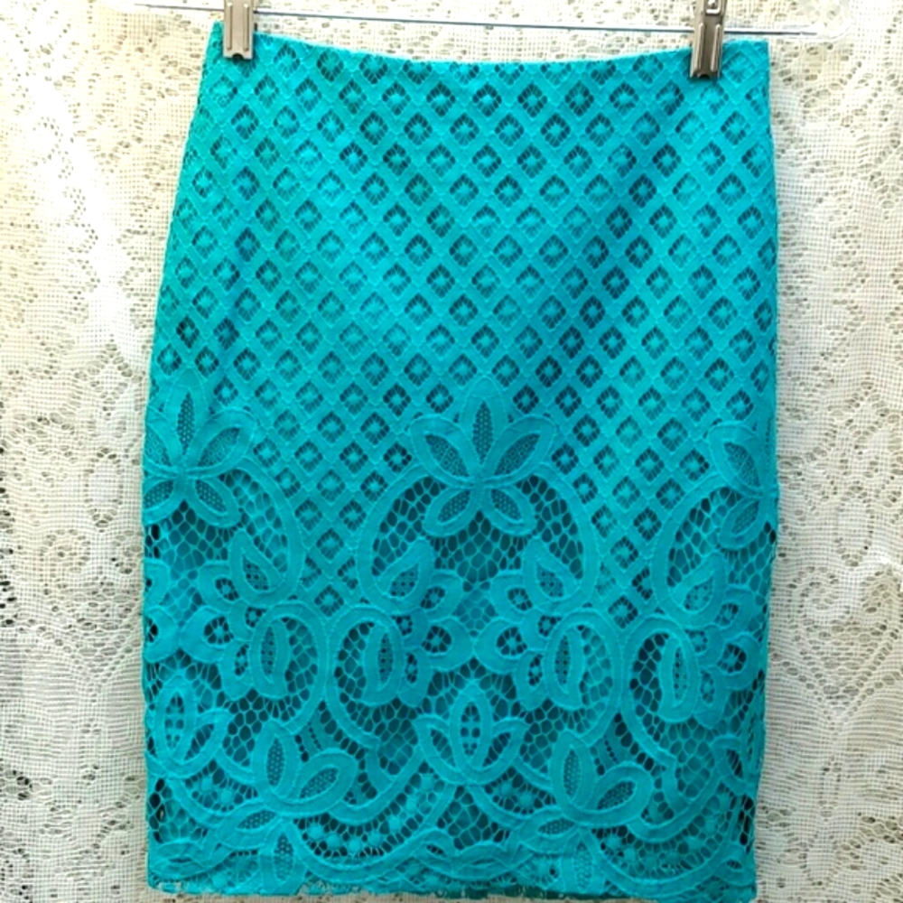 Loft Lace Turquoise Green Pencil Skirt size 00 Pettitte